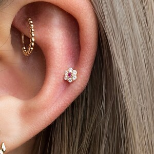 14K REAL Solid Gold Ruby Diamond CZ Flower Cartilage Daith Helix Tragus Conch Rook Snug Ear Post Stud Piercing Earring Body Jewelry 18Gauge image 1