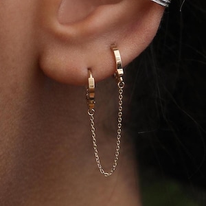 14k Solid Gold Handcuff Double Hoop Earring, Upper Earlobe Cartilage Helix Tragus, Huggies Stacking Chain Link Hoops Jewelry Gift for Her