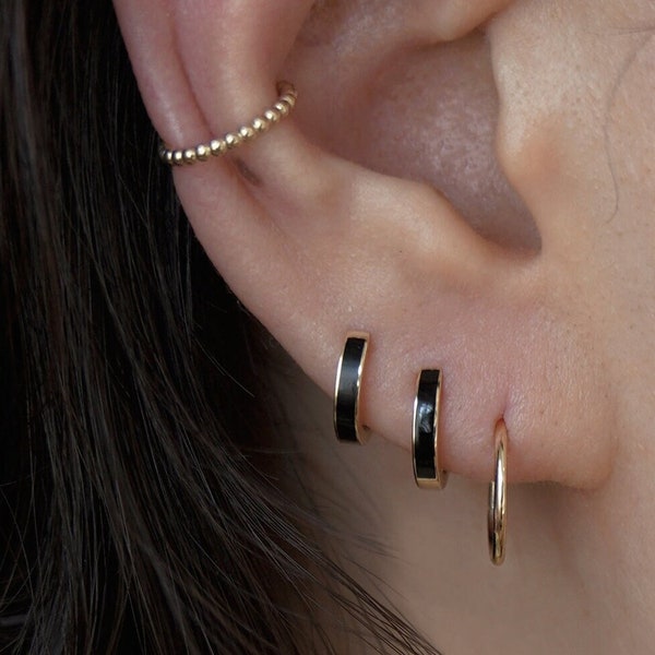 14K REAL Solid Gold Baby Tiny Black Hoop Earrings, Cartilage Daith Helix Tragus Conch Rook Snug Huggie Hinge Hoop Ear Ring Piercing Jewelry