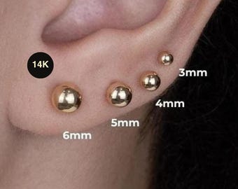 Pendientes de bola de oro macizo de 14 quilates, pendientes sencillos redondos de esfera dorada lisa (3 mm, 4 mm, 5 mm, 6 mm)