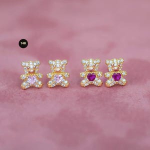14K Solid Gold Teddy Bear Stud Earrings, Ruby Diamond Clear CZ