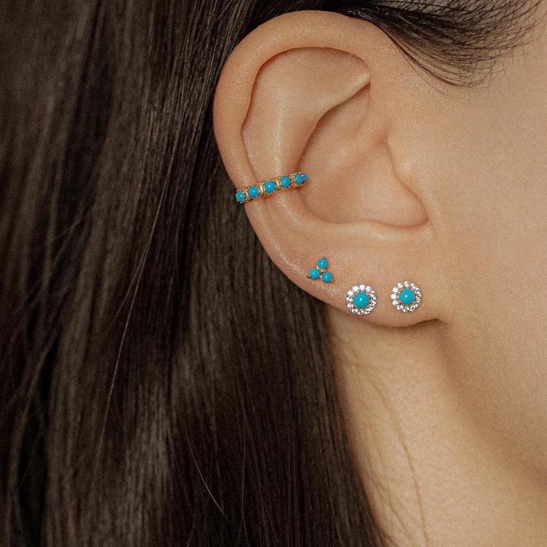 14K Solid Gold Turquoise Trinity Lotus Floral Stud Earring, Cartilage ...