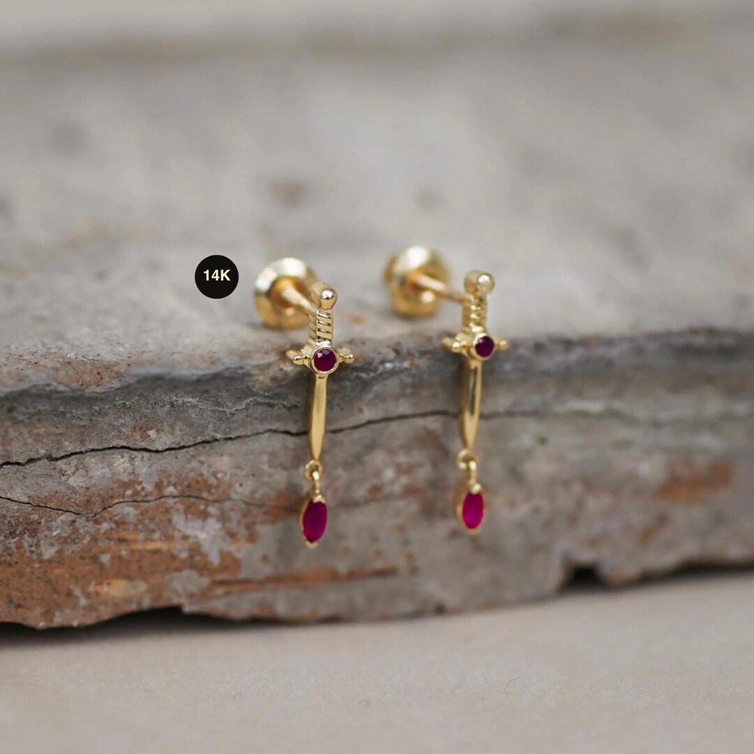 14K Solid Gold Ruby Dagger Stud Earrings, Sword Ear Post Screw-back ...