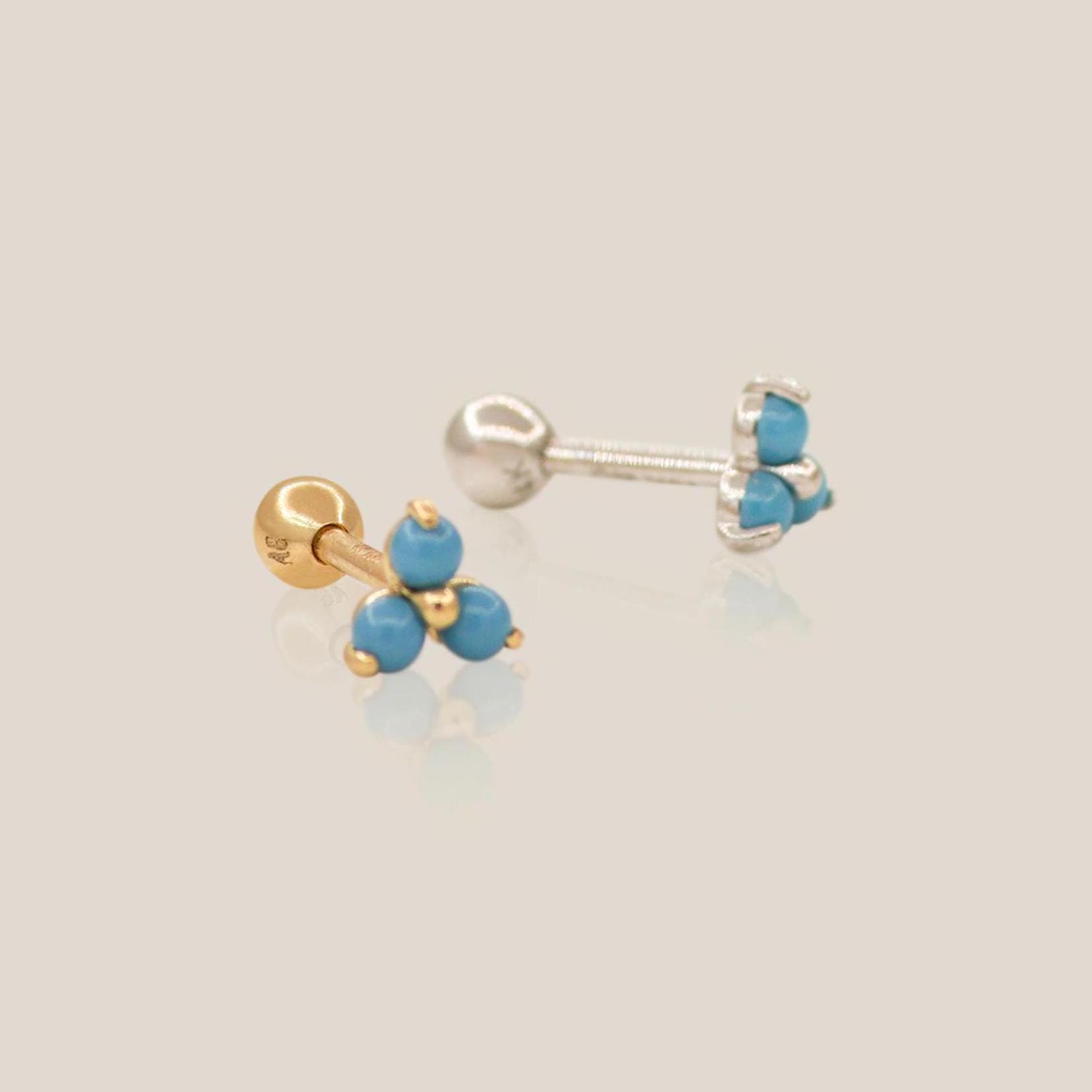 14K Solid Gold Turquoise Trinity Lotus Floral Stud Earring, Cartilage ...