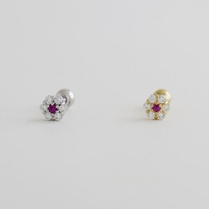 14K REAL Solid Gold Ruby Flower Stud, Diamond CZ Cartilage Helix Tragus Conch Rook Snug  Ear Post Stud Piercing Earring Body Jewelry 18Gauge