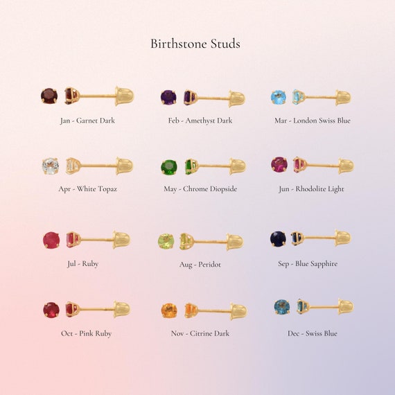 14K Solid Gold Birthstone Stud Earrings, Dainty Birthday Gift Jewelry Post Screw Earring Back Ear Piercing Tragus Conch Anniversary Gift