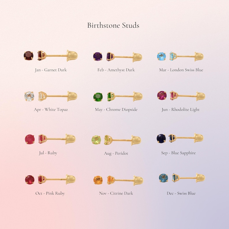 May include: A set of 12 birthstone stud earrings, each featuring a different gemstone color. The earrings are arranged in rows of three, with the month and gemstone name listed below each pair. The earrings are gold-toned and have a simple, classic design.