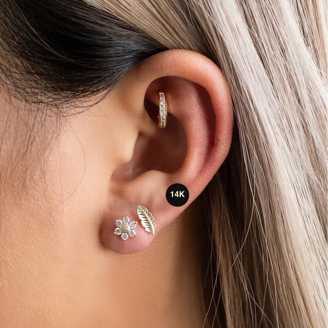 Pendiente de oro macizo de 14 quilates con forma de girasol para cartílago,  daith, hélix, trago, caracola, diamante, circonita cúbica, piercing para