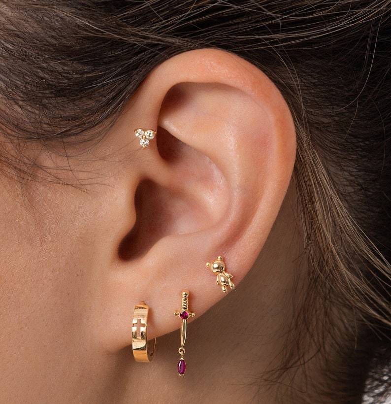 14K REAL Solid Gold Cross Engraved Hoop Earrings, Cartilage Daith Helix Tragus Conch Rook Snug Huggie Hinge Hoop Ear Ring Piercing Jewelry image 1