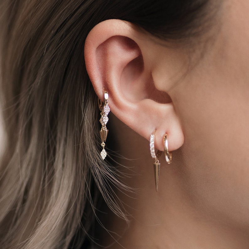 Diamond CZ Cartilage Upper-lobe Helix Tragus Conch Hinge Huggie Hoop Ear Piercing Jewelry 14K REAL Solid Gold Spike Drop Huggie Earring
