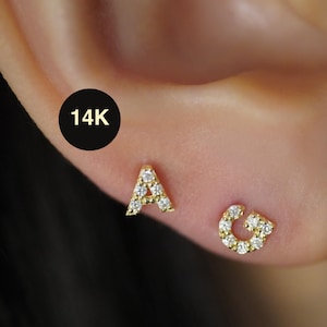 14K Genuine Natural Diamond Initial Letter Stud Earring, Tragus Helix Cartilage Ear Piercing Minimalist Birthday Gift Personalized Jewelry