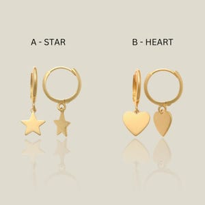 14K Solid Gold Huggie Hoop Earrings: Star or Heart Dangle