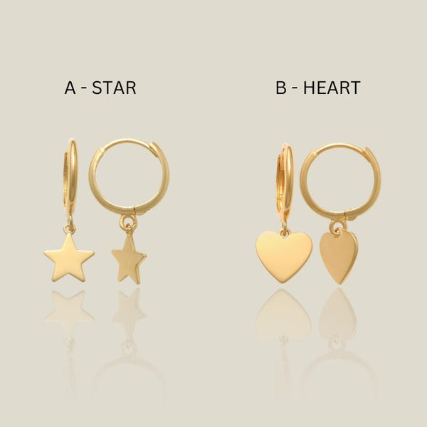 14K Solid Gold Huggie Hoop Earrings: Star or Heart Dangle