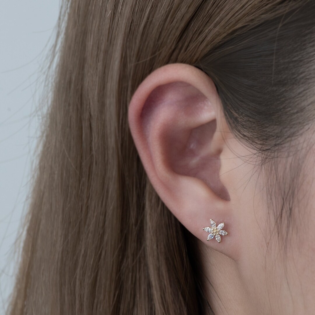 14K REAL Solid Gold Sunflower CZ Stud Earrings for Cartilage Daith
