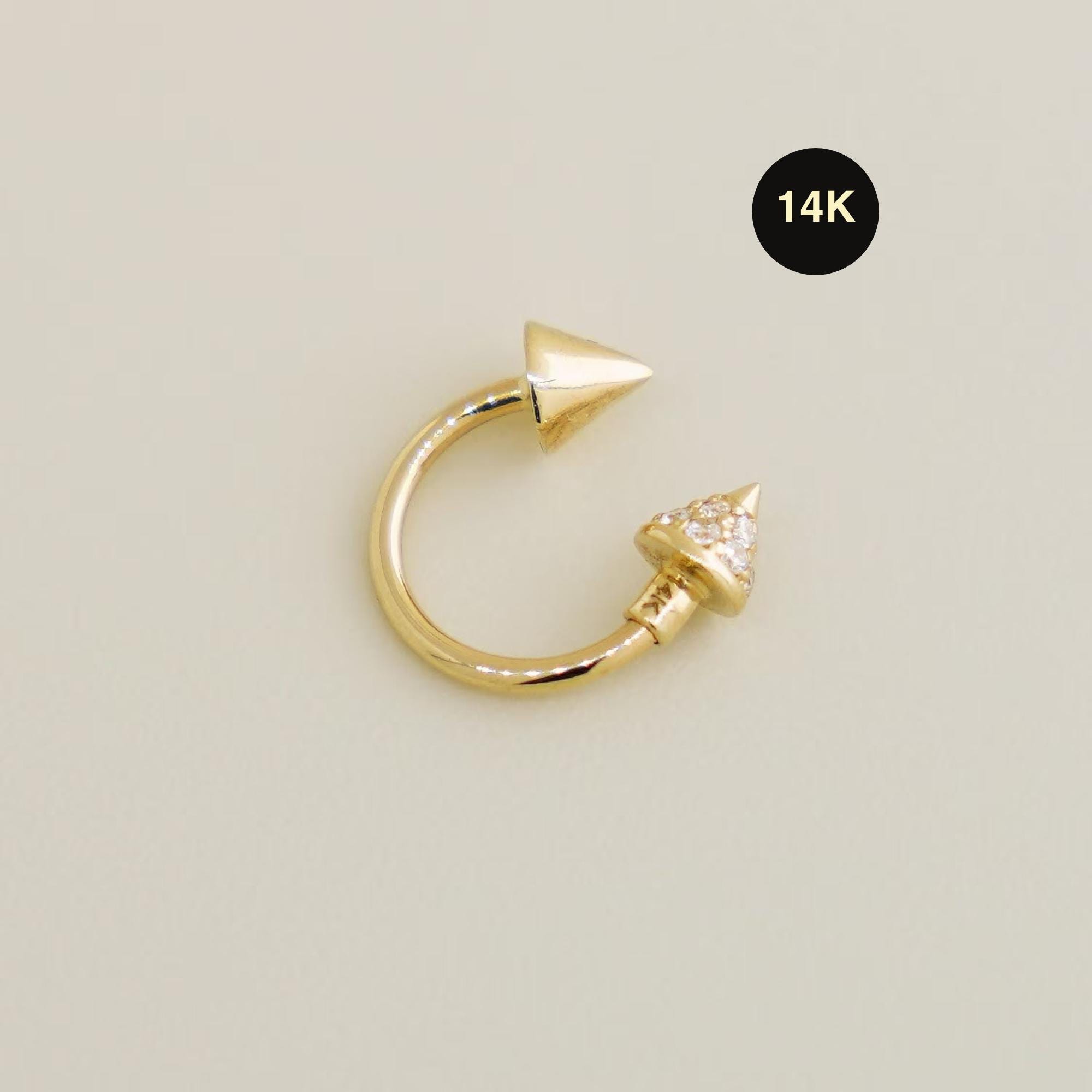 14K REAL Solid Gold Spike CZ Horseshoe Earring, Cartilage Daith Helix Tragus Conch Rook Snug Septum Barbell Hoop Ring Piercing Jewelry 18G