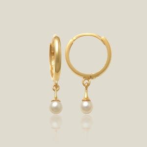 14K REAL Solid Gold Huggie Baby Pearl Drop Earrings, Cartilage Daith Helix Tragus Conch Earlobe Snug Hinged Hoop Ear Clicker Ring Piercing