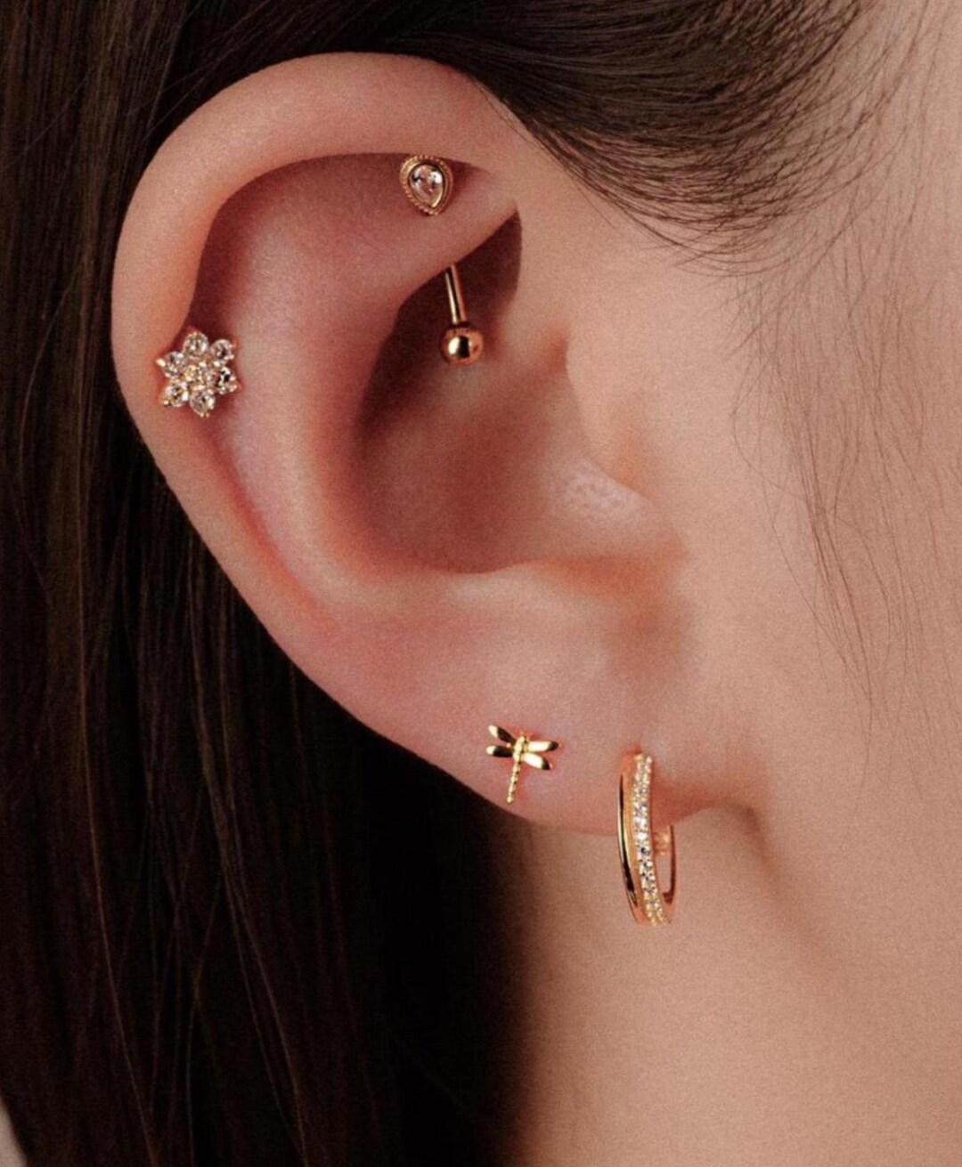 14K REAL Solid Gold Teardrop CZ Curved Barbell Earring Eyebrow