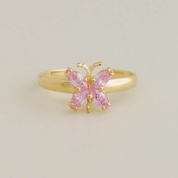 14K REAL oro sólido rosa diamante CZ mariposa anillo del dedo del pie, delicado bebé lindo Zehenring rosa diamante CZ tamaño midi nudillo dedo del pie anillo joyería del cuerpo