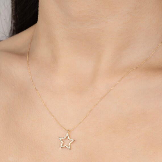 14K REAL Diamond Open Star Necklace Real Solid Gold Micropave