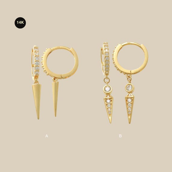 14K REAL Solid Gold Spike Drop Huggie Earring, Diamond CZ Cartilage  Upper-lobe Helix Tragus Conch Hinge Huggie Hoop Ear Piercing Jewelry