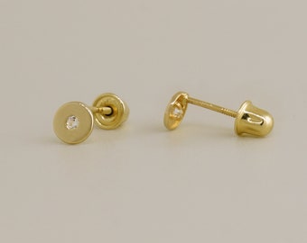 14K REAL Solid Gold Disc CZ Stud Baby Earrings with Screw-back for Cartilage Daith Helix Tragus Conch Rook Snug Ear Post Stud Piercing