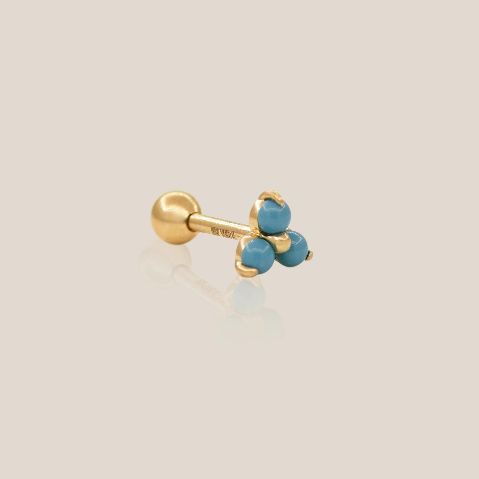 14K Solid Gold Turquoise Trinity Lotus Floral Stud Earring, Cartilage ...