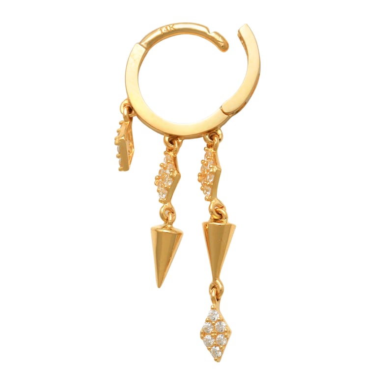 Diamond CZ Cartilage Upper-lobe Helix Tragus Conch Hinge Huggie Hoop Ear Piercing Jewelry 14K REAL Solid Gold Spike Drop Huggie Earring
