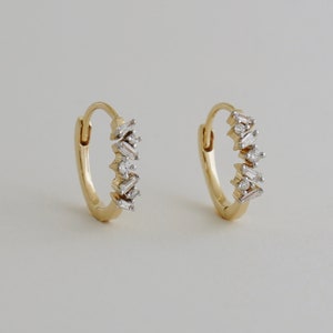 14K REAL Baguette Diamond Hoop Earrings, Real Solid Gold Natural Genuine Diamond Cartilage Tragu Helix Conch Huggie Hinge Hoop Ear Piercing