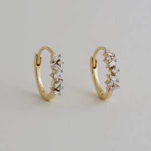 14K REAL Baguette Diamond Hoop Earrings, Real Solid Gold Natural Genuine Diamond Cartilage Tragu Helix Conch Huggie Hinge Hoop Ear Piercing image 3