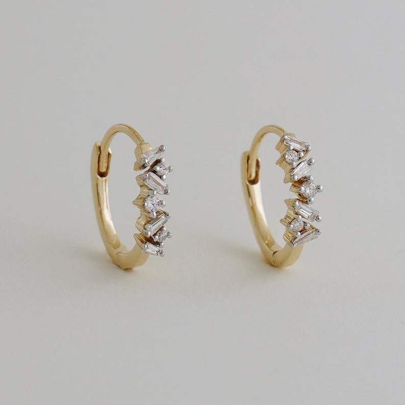 14K REAL Baguette Diamond Hoop Earrings, Real Solid Gold Natural Genuine Diamond Cartilage Tragu Helix Conch Huggie Hinge Hoop Ear Piercing image 3