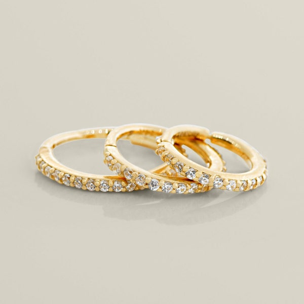 14K REAL Solid Gold Diamond CZ Hoop Earring, Cartilage Daith Helix Tragu Conch Rook Snug Body Hoop Ear Clicker Ring Piercing Jewelry 18Gauge