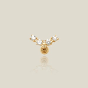 14K REAL Solid Gold Four Stone Stud, Cartilage Helix Tragus Conch Snug Horizontal Line Bar Ear Post CZ Piercing Earring Body 18Gauge