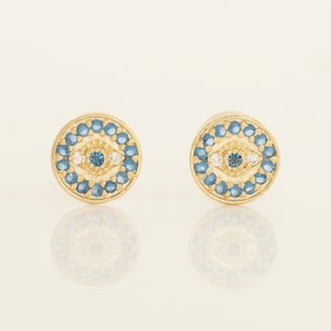 14K REAL Solid Gold Round Evil Eye Sapphire Stud Screw-back Baby Earrings, Diamond CZ Upper Earlobe Cartilage Helix Tragus Ear Stud Earrings