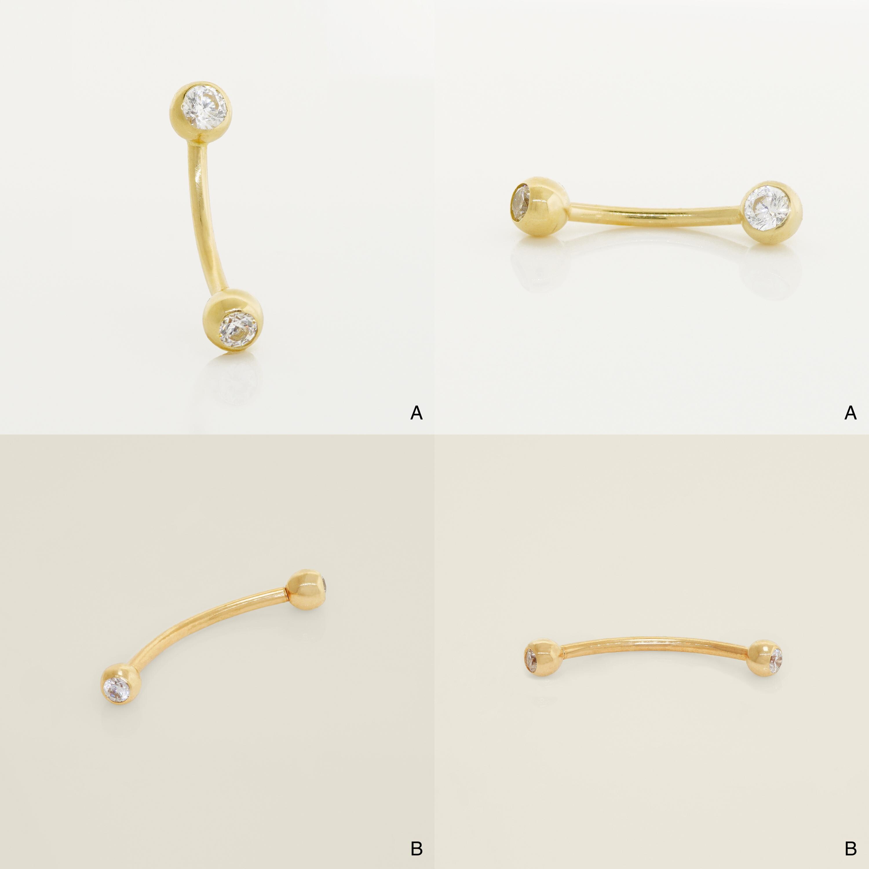 14K Solid Gold Curved Barbell Piercing, CZ Diamond Eyebrow