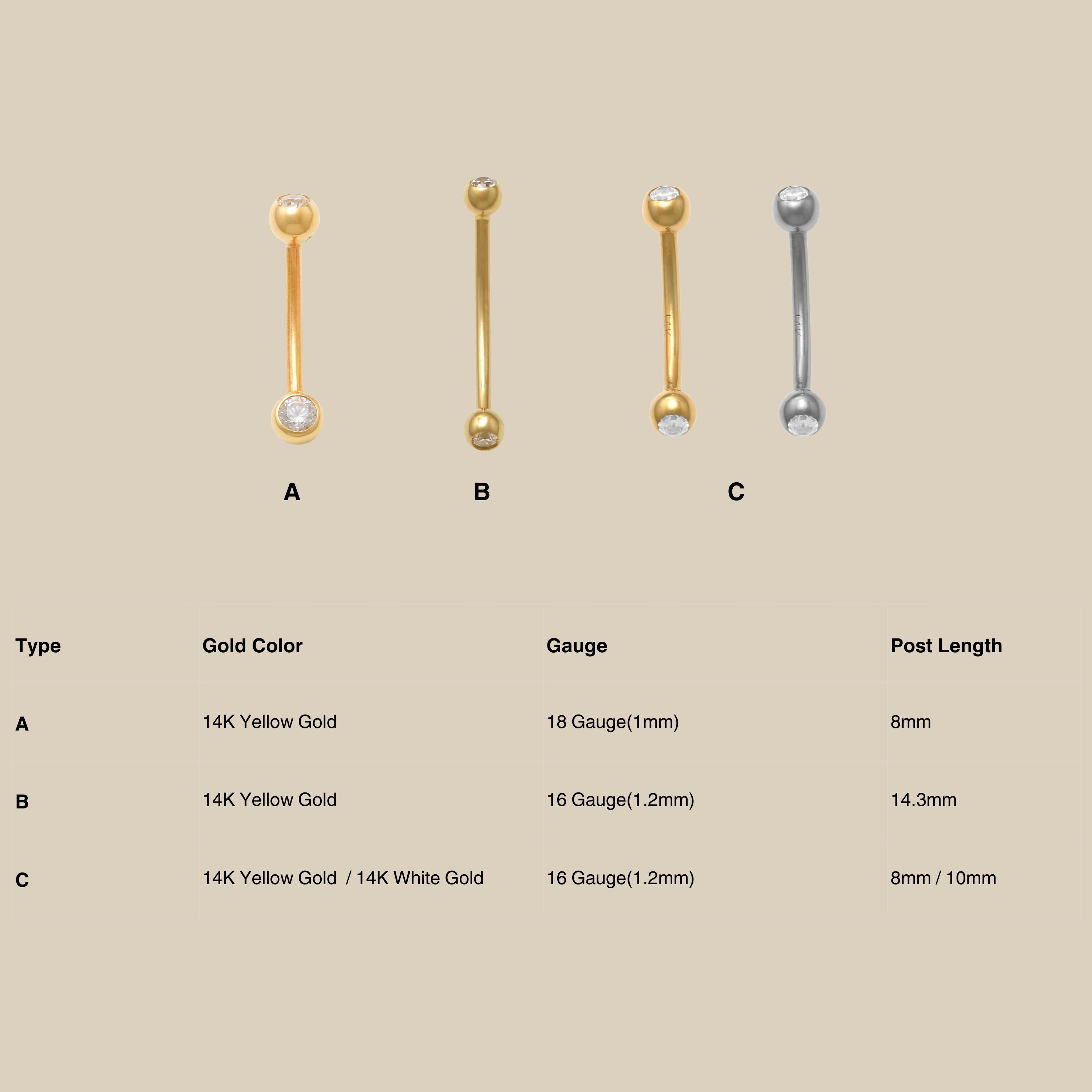14K Solid Gold Curved Barbell Piercing, CZ Diamond Eyebrow