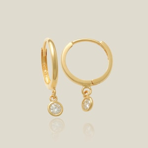 14K REAL Diamond Solid Gold Round Drop Huggie Earrings Cartilage Upper Earlobe Helix Dangle Drop Hinge Hoop Ring Earrings