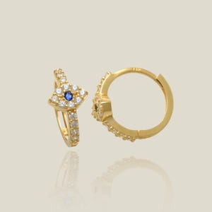 14K REAL Solid Gold Diamond CZ Evil Eye Hoop Earring Cartilage Daith Helix Tragus Conch Rook Hinged Huggie Hoop Ear Clicker Ring Piercing