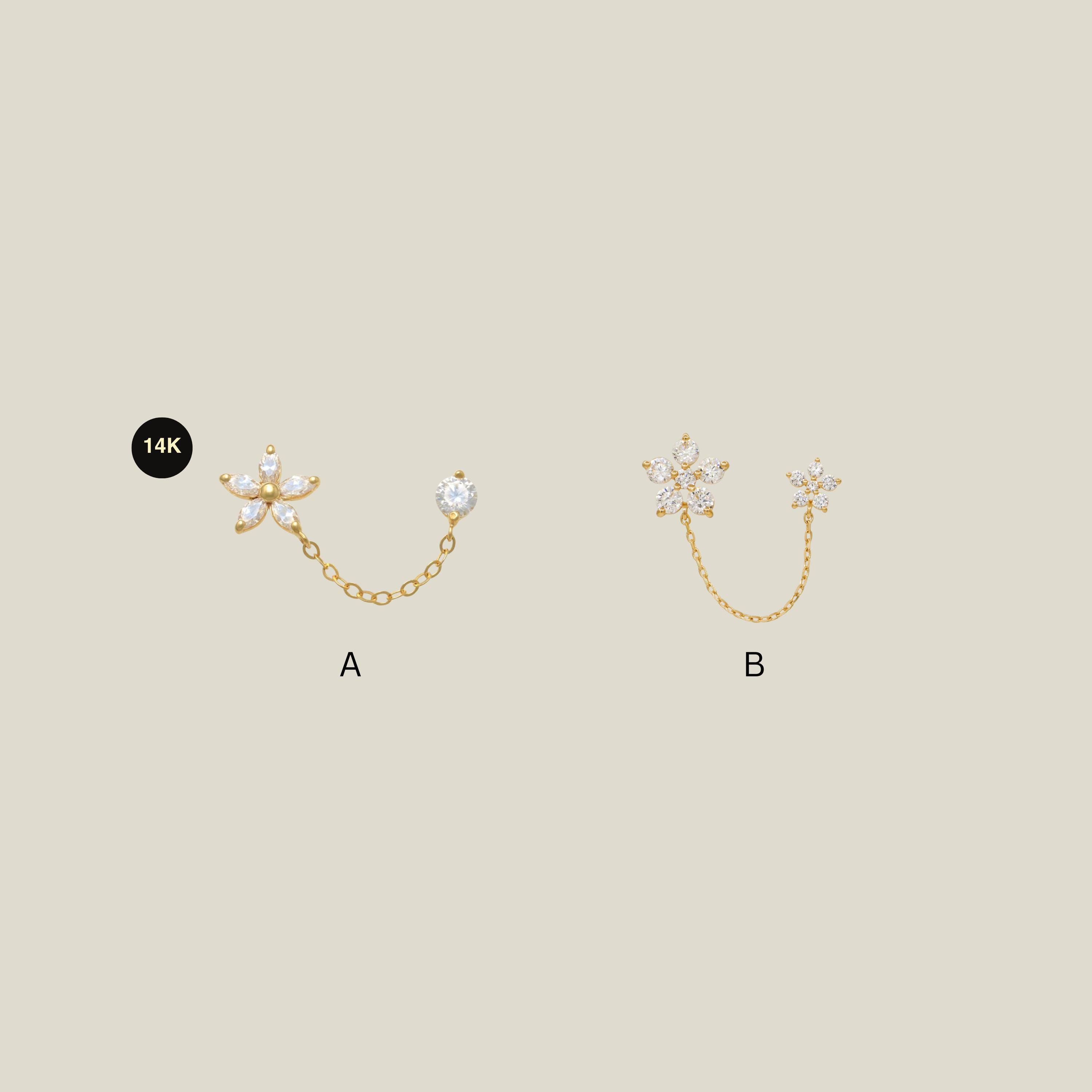 14K REAL Solid Gold Marquise Flower Round Ball Chain Double Stud Earring, CZ Cartilage Helix Tragus Floral Earrings