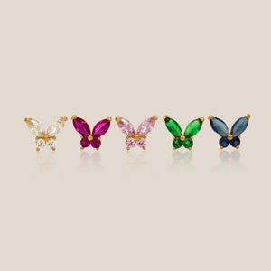 14K Solid Gold Color Stone Butterfly Stud Earrings Cartilage Tragus Conch Snug Ear Screw-back Studs, Ruby, Pink, Emerald, Sapphire, White