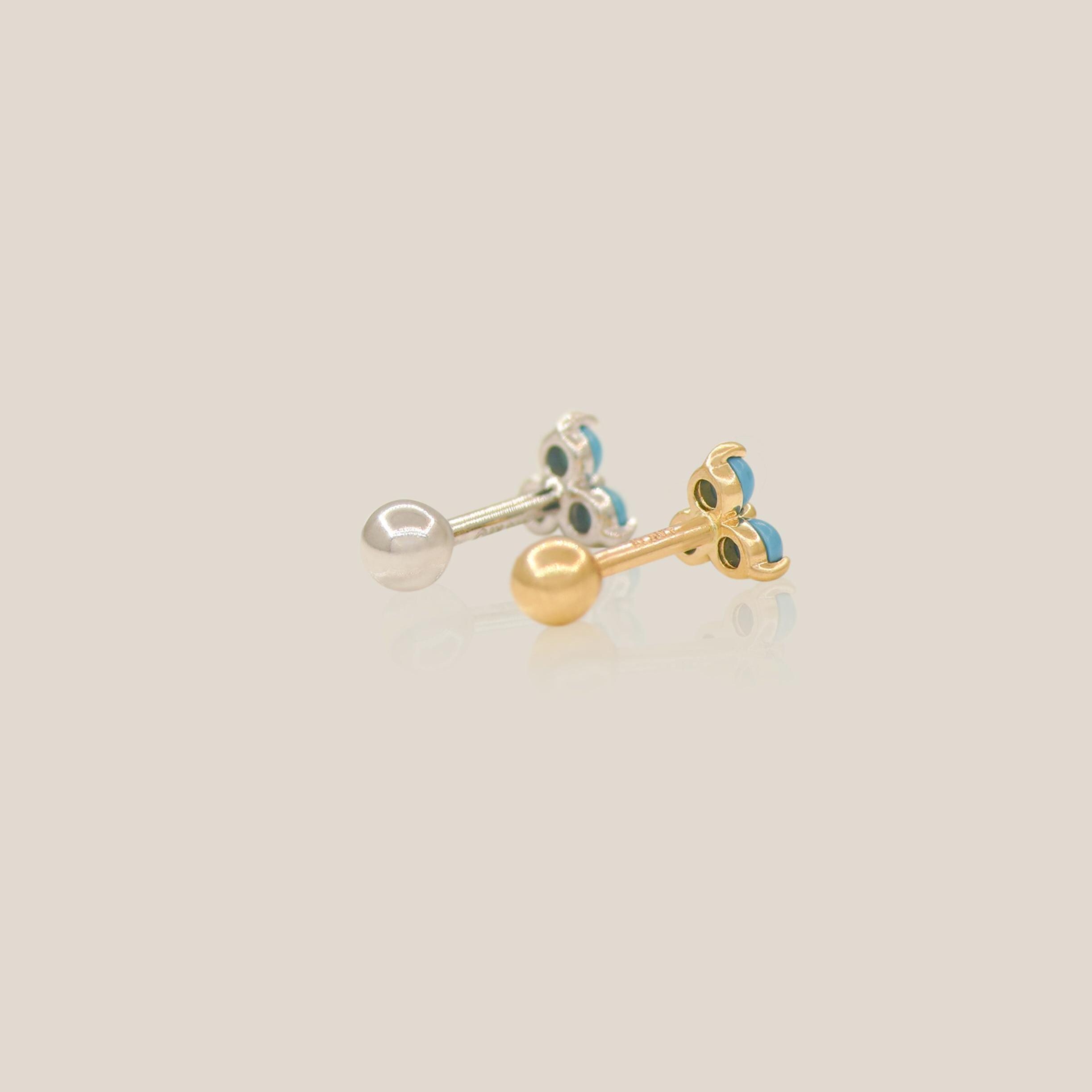 14K Solid Gold Turquoise Trinity Lotus Floral Stud Earring, Cartilage ...