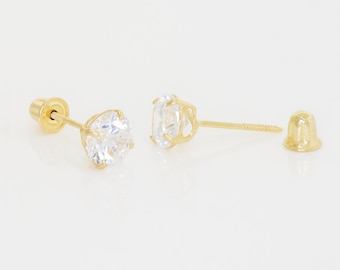 14K REAL Solid Gold Round Stud Earrings made with Cubic Zirconia Crystal Cartilage Earlobe Tragus Ear Post Stud Piercing Jewelry