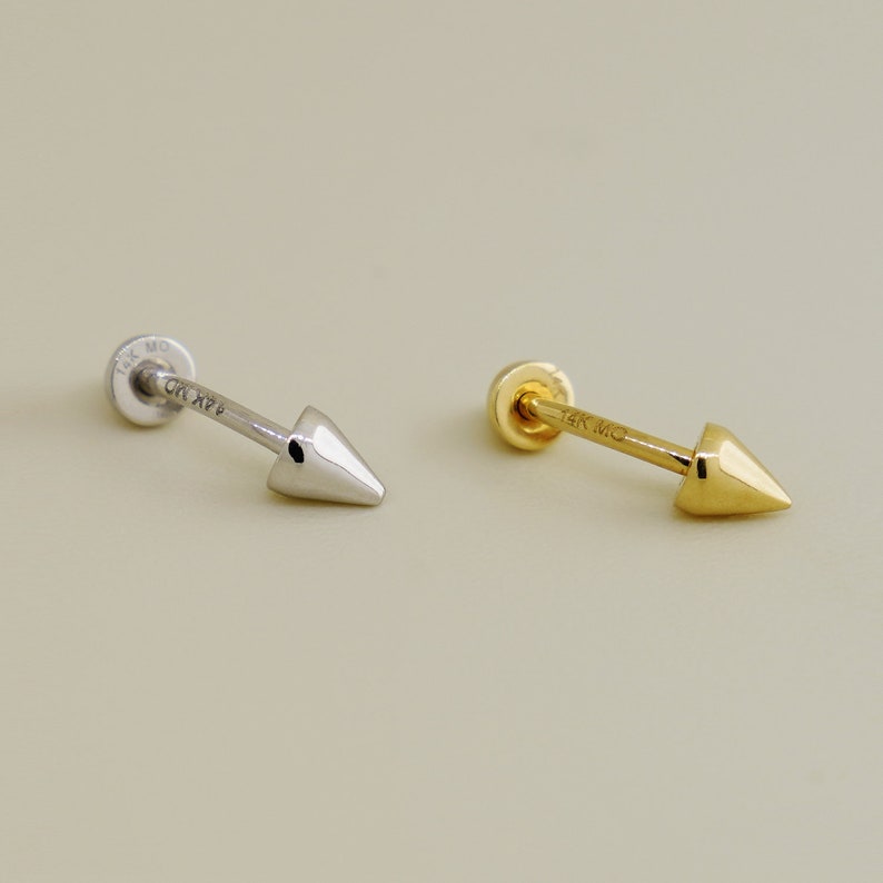14K REAL Solid Gold Spike Curved Barbell Earring Eyebrow Cartilage Daith Helix Tragus Conch Rook Snug Lip Body Piercing Jewelry 16Gauge