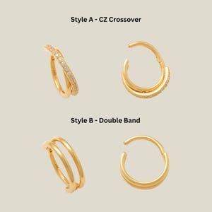 14K REAL Solid Gold CZ Crossover, Double Band Hoop Septum Ring Earring Nose Ear Piercing,  Cubic Zirconia Conch Clicker Jewelry 16G Gift