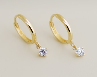 14K REAL Solid Gold Cubic Zirconia Drop Huggie Earrings Cartilage Upper Earlobe Helix Dangle Drop Hinge Huggie Hoop Ring Stylish Earrings