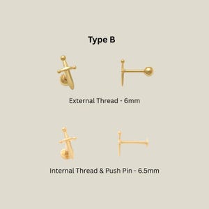 14Kゴールドダガースタッドイヤリング、ソリッドゴールドシングルイヤリング、剣型軟骨ピアス18G Type B