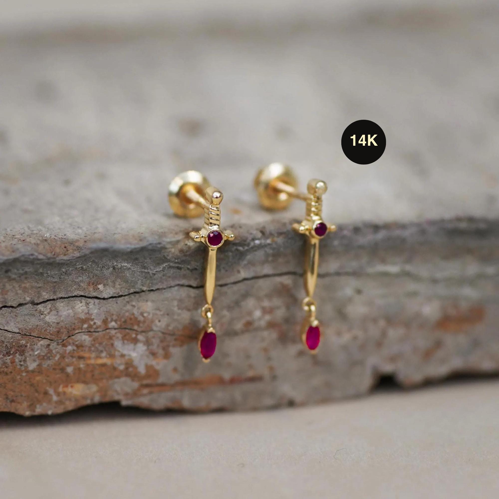 14K REAL Solid Gold Ruby Dagger Stud Earrings with Ruby Sword Ear Post Screw-back Stud Piercing Earring