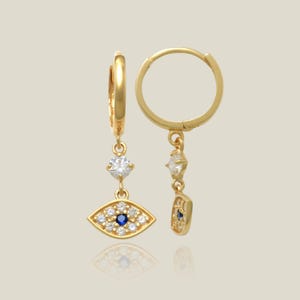 14K REAL Solid Gold Sapphire Blue CZ Evil Eye Drop Earrings Dainty Minimalist Gold Charm Pendant Dangle Drop Huggie Hoop Earring Jewelry