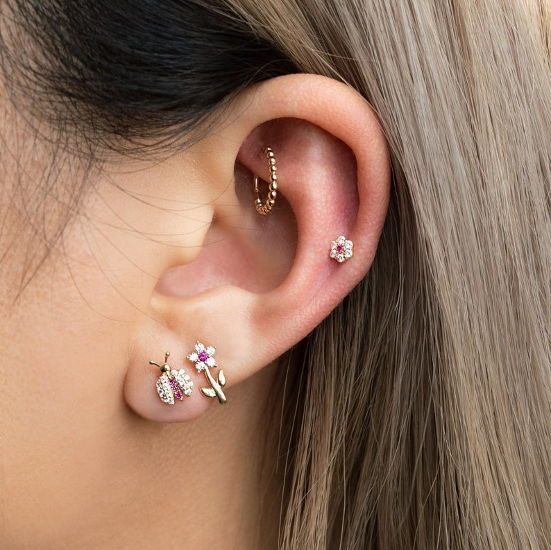 14K REAL Solid Gold Ruby Diamond CZ Flower Cartilage Daith Helix Tragus Conch Rook Snug Ear Post Stud Piercing Earring Body Jewelry 18Gauge image 1