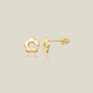 14K Echtgold Puffed Blume Ohrstecker, Mini süße CZ Knorpel Daith Helix Tragus Conch Rook Snug Ohrstecker abschraubbarer Ohrstecker