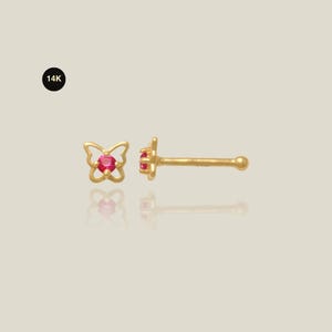 14K Gold Ruby Butterfly Nose Stud, 21G Nostril Piercing